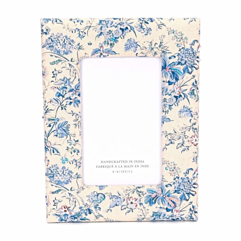 Shaila Anant Handcrafted Floral Fabric 4x6 Photo Frame Easel Back Blue/Beige